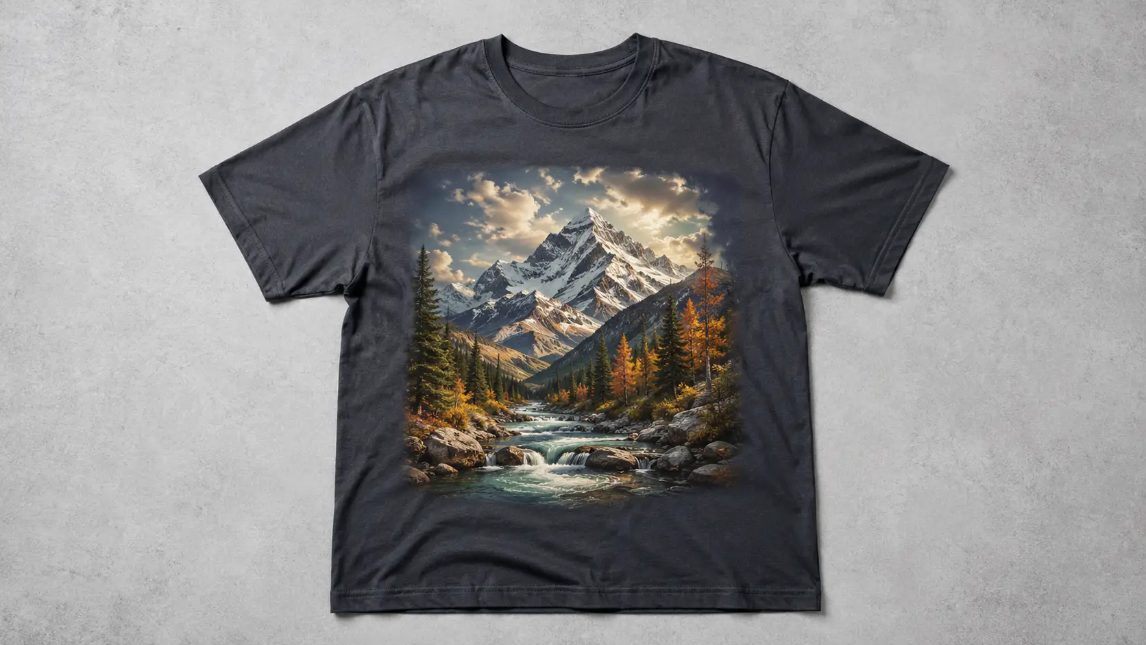 Flat-lay photo of a finished t-shirt with a full-color DTF transfer print applied, film fully removed, ready to ship