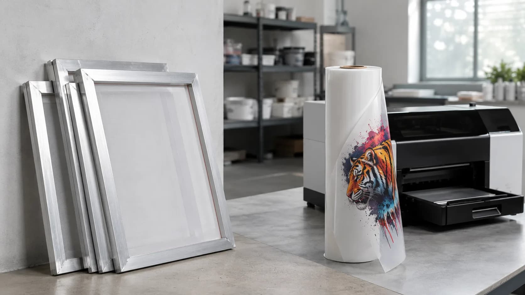 Stack of screen printing mesh frames next to a roll of DTF transfer film